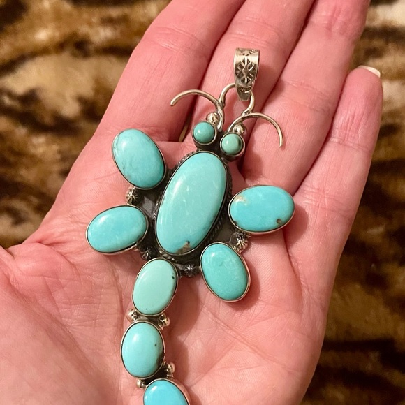 Huge Native American Sterling Silver Turquoise Dragonfly Pendant - Picture 5 of 8